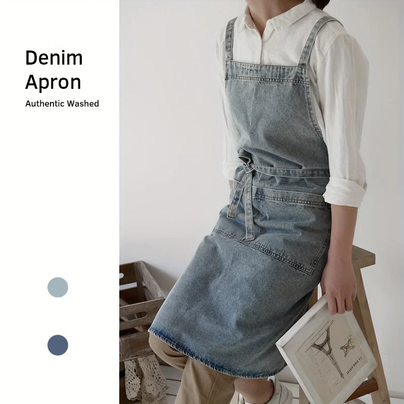 1pc Premium Denim Apron - Heavy-Duty Cotton Canvas, Stain-Resistant, Adjustable Bib Waist - Perfect for Kitchen Cooking, Baking,