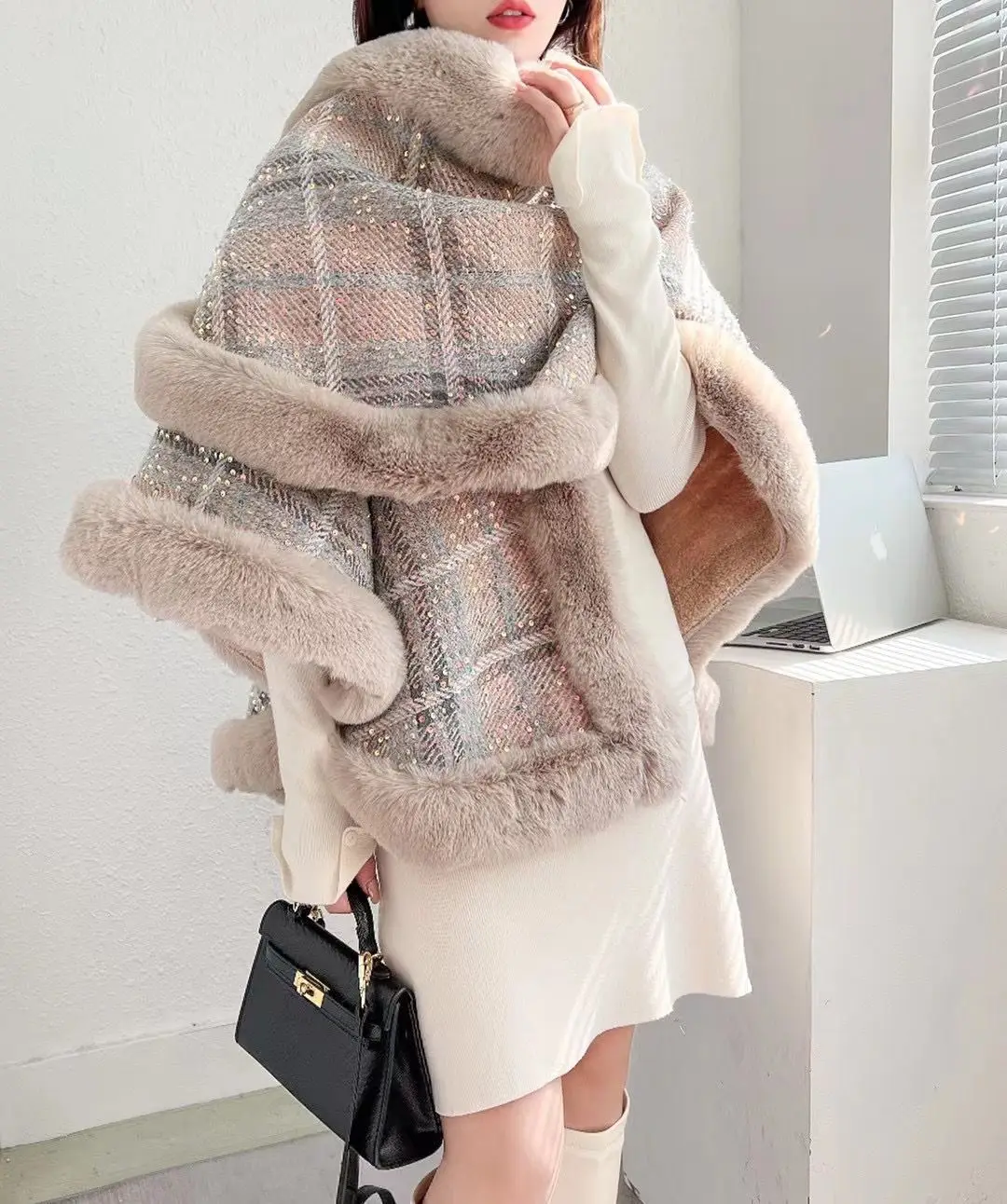 15 Korean Striped Fur Collar Warm Streetwear Shawl Coat With Hat Women Winter Velvet Thicken Knitted Loose Sequin Poncho Capes