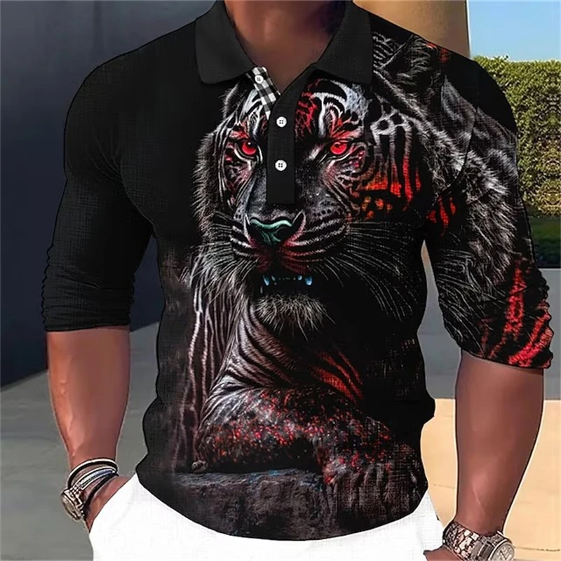 Tiger Eagle 3D Printed Long Sleeve Polo T-shirt For Mens Designer Clothes Lapel Streetwear High Quality Tops Comfortable Polo