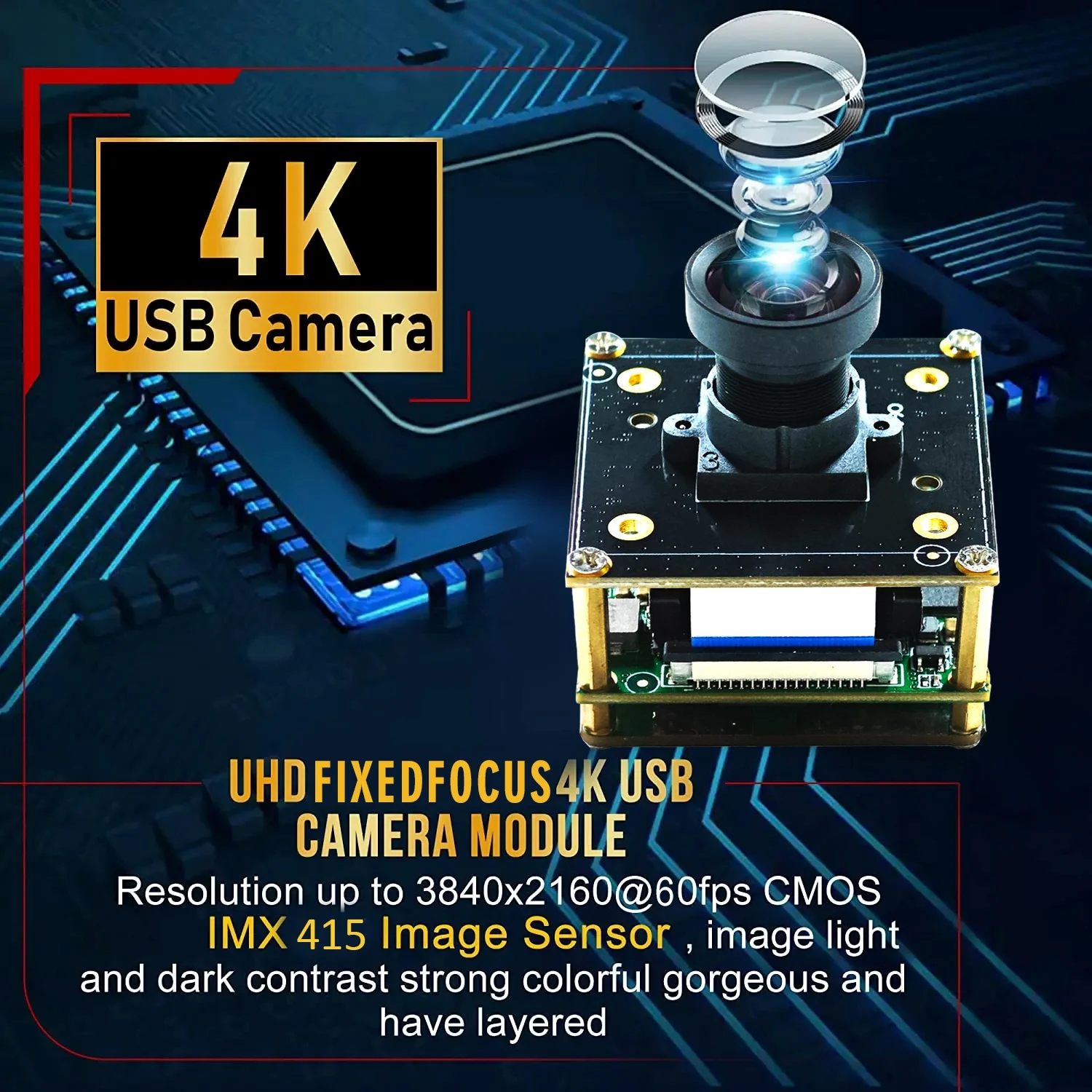 USB Camera Module 4K 60FPS UHD 3840x2160 FOV 90° With IMX415 No Distortion Lens I Support 3840x2160 UHD Video Webcam Module