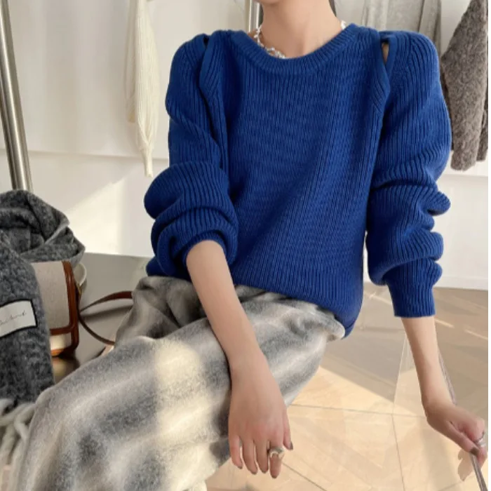 

Korean Sle Women's Knitted Sweater oulder Pulling Warm All-Match Simple Faionable Winter Long Sve Top