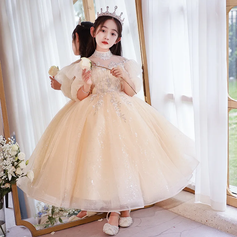 

Kid Wedding Dresses for Girls Elegant Champagne Flower Princess Long Gown Kids Girl Christmas Dress Bridesmaid Party Vestidos