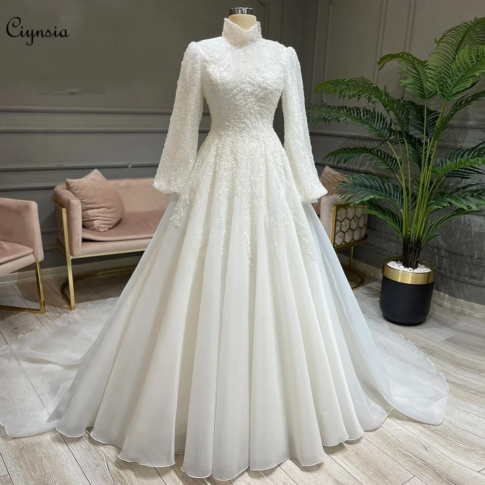 

Ciynsia Luxury Lace Beading Muslim Hijab Wedding Dresses High Neck Arabic Dubai Bridal Gown for Bride Islamic Vestidos De Novia