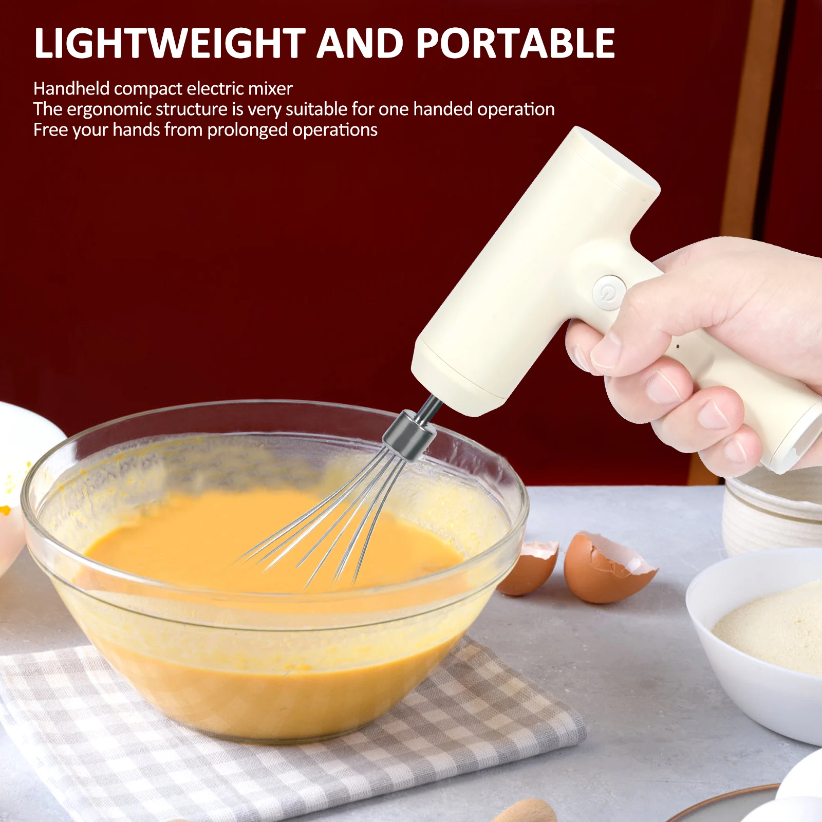 Electric Hand Mixer Cordless Electric Whisk 2000mAh USB Rechargeable Handheld Egg Beater with 3 Speeds Portable Small Egg Mixer