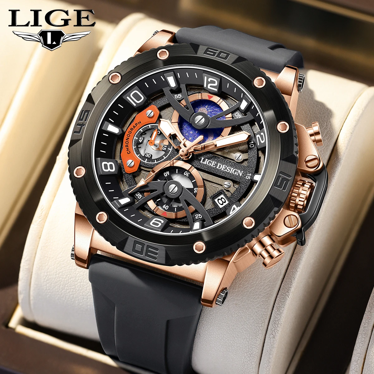 LIGE Sports Man Watches Military Luxury Silicone Chronograph Small Dial Function Quartz Wristwatches Waterproof Luminous Watch