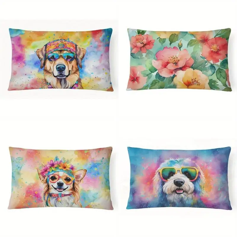 Hippie Dog Bohemian Lumbar Pillow Case Suitable For Sofa Bedroom Car Pillow Cover Cushion Rectangular Back Cushion