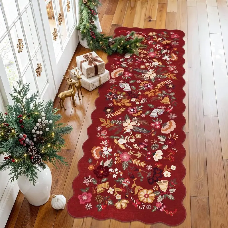 VIKAMA Christmas Long Runner Rug Floral Bell Pinecone Wine Red Scallop Edge Non Slip Hallway Living Room Holiday Decor Washable