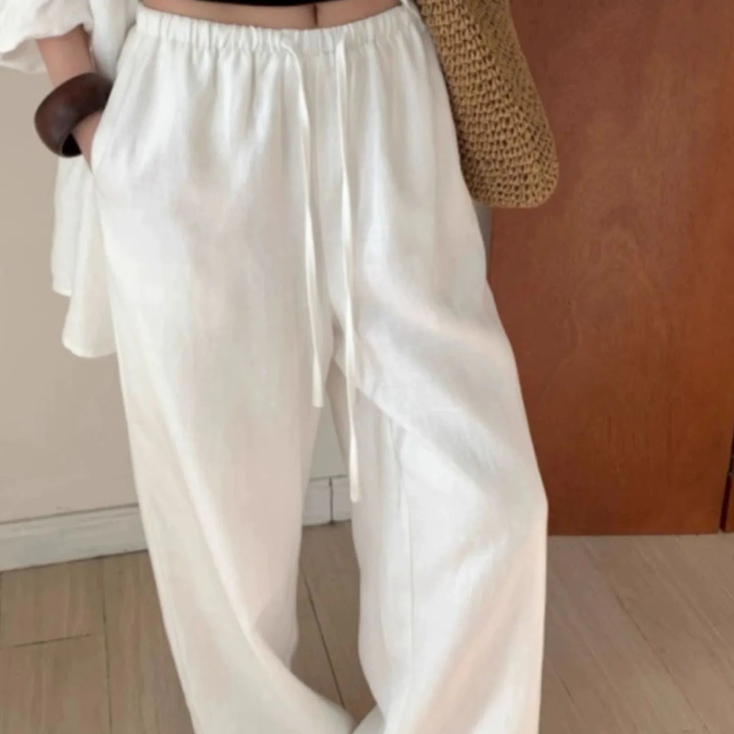 

Summer Large Size 300 Pounds 2026 High Waist Loose Fit Straight Leg Linen Casual Pants Elastic Waist Wide Leg Sakamoto Pants