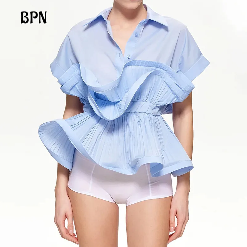 

BPN Fashion Designer Blouses For Women Lapel Short Sleeve Solid Patchwork Ruffles Casual Loose Summer Blouses Female Fashion New