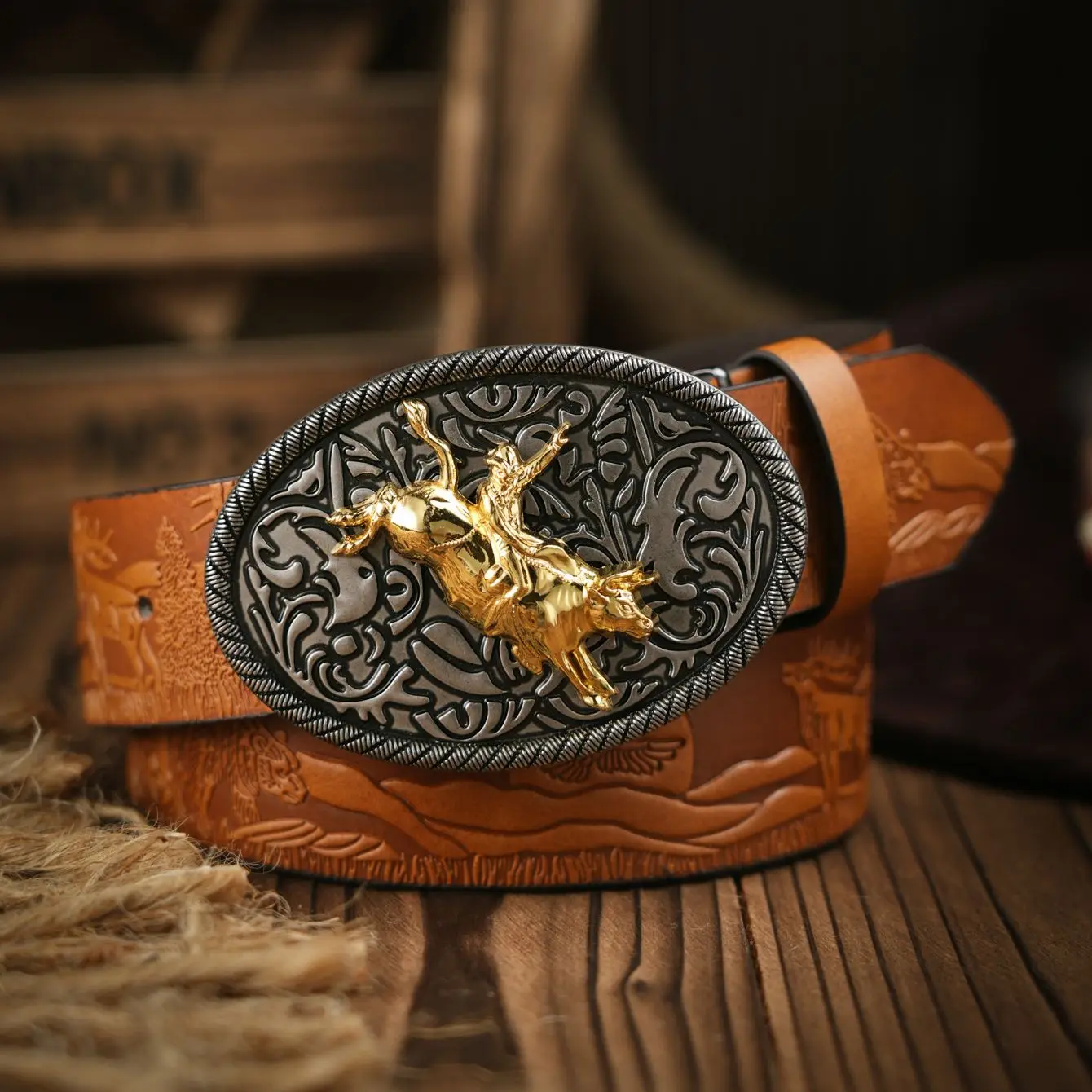 Western Cowboy PU Leather Belt - Men Waist Strap Bull Decoration Floral Engraved for Jeans