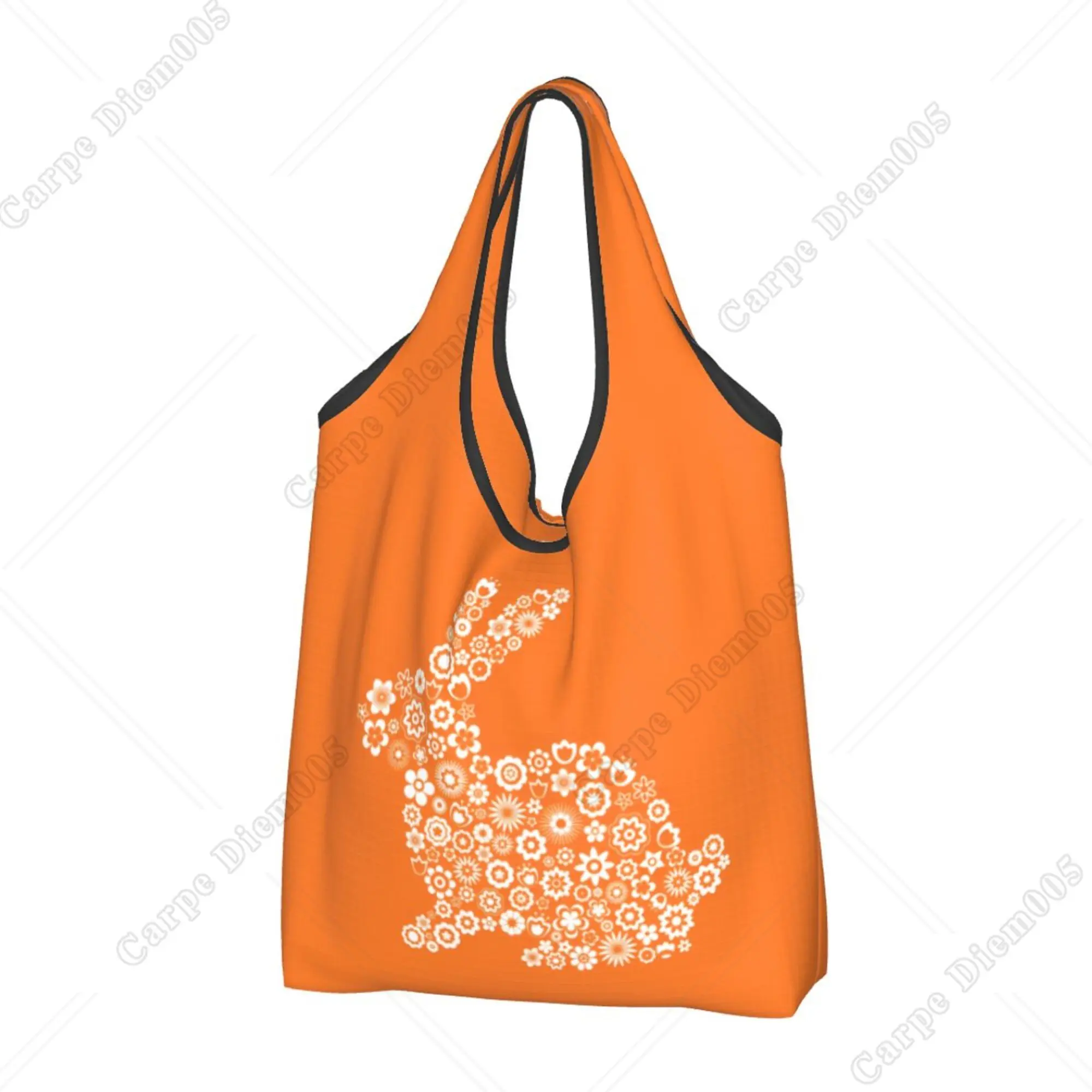 Easter Bunny Floral Orange Folding Shopping Bag Portable Tote Bag Recyclable Grocery Bags for Men Women Outdoor Shopper