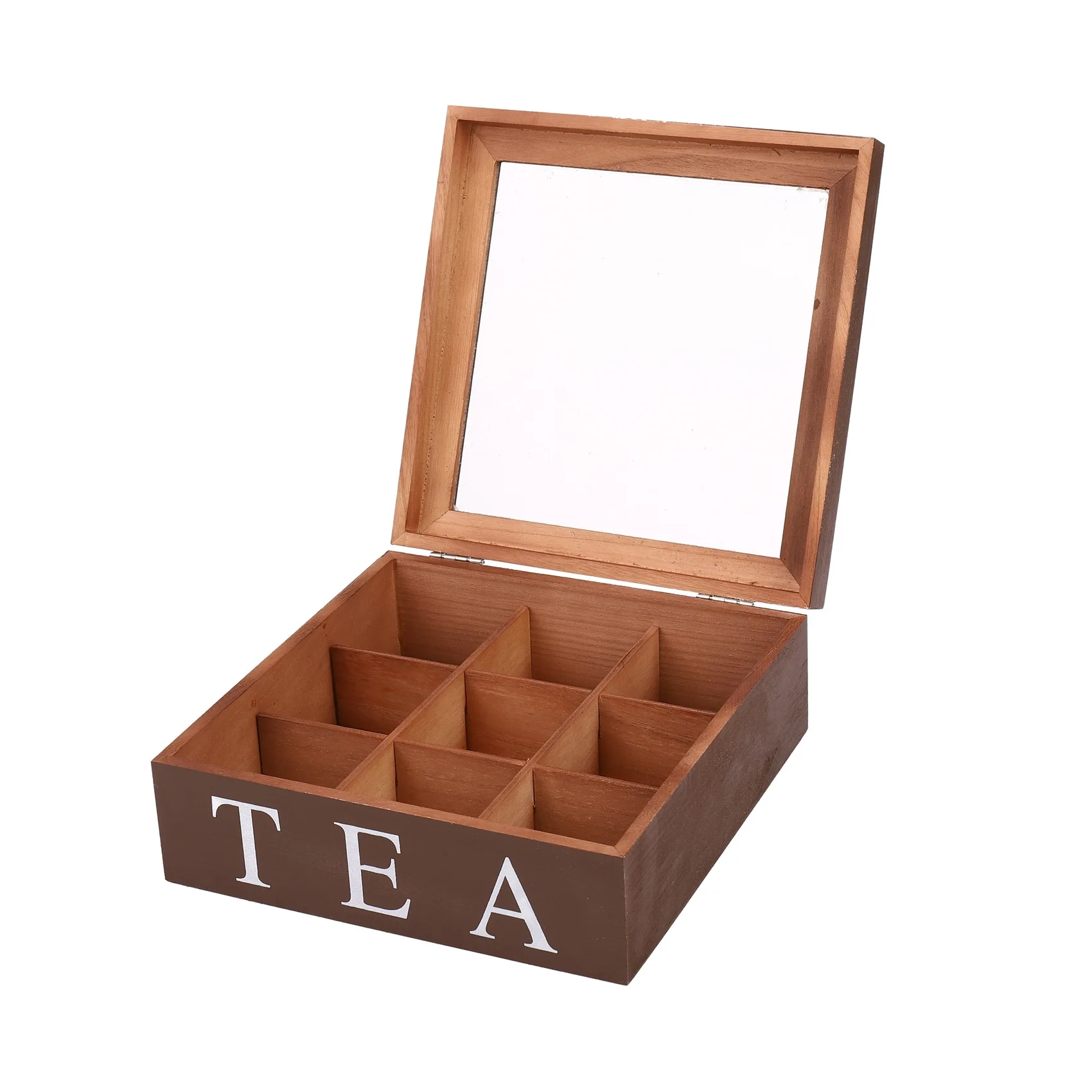 Wooden 9 Grids Tea Box Tea Bags Container Storage Box Square Gift Box Case Transparent Top Lid Jewelry Storage Box-Red Wine c