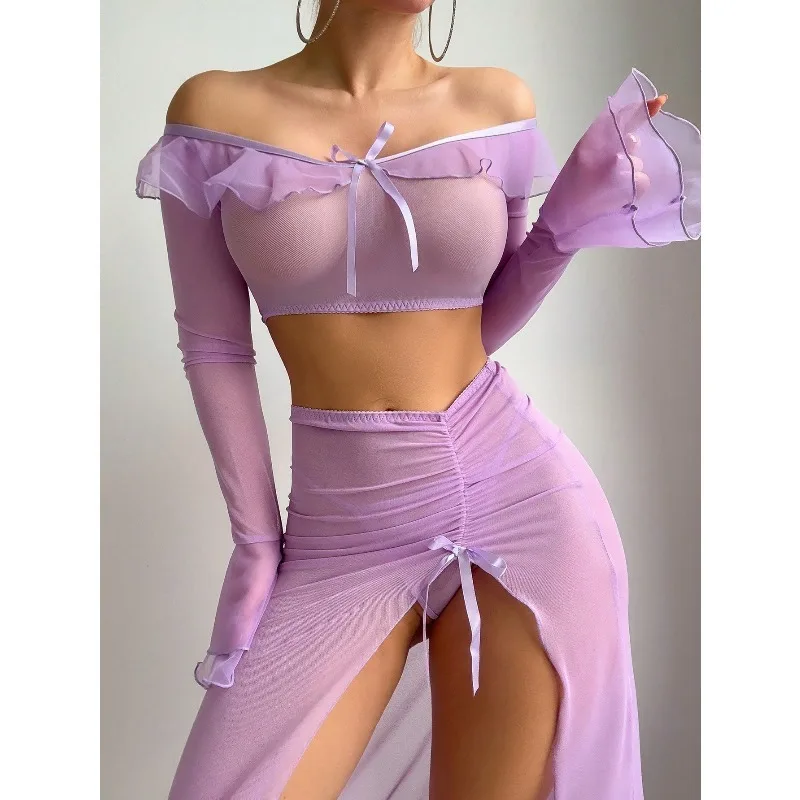 유럽풍 미국 패션 독립적인 스타일의 하이 슬릿 메쉬 드레스와 섹시한 속옷 세트