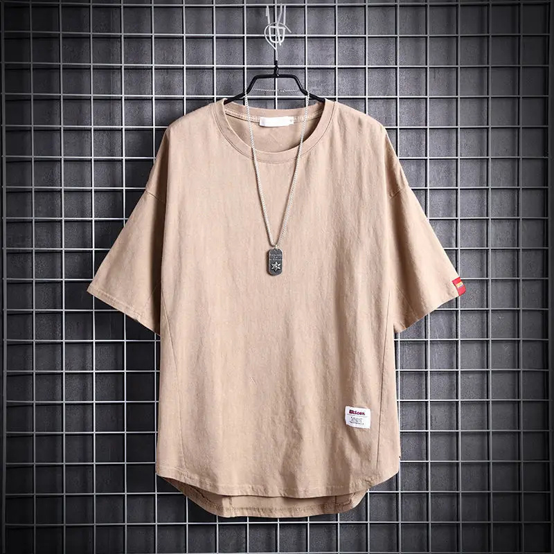 summer O neck solid color oversized tee male short sleeve loose casual all-match pullovers men korean fashion irregular t-shirt