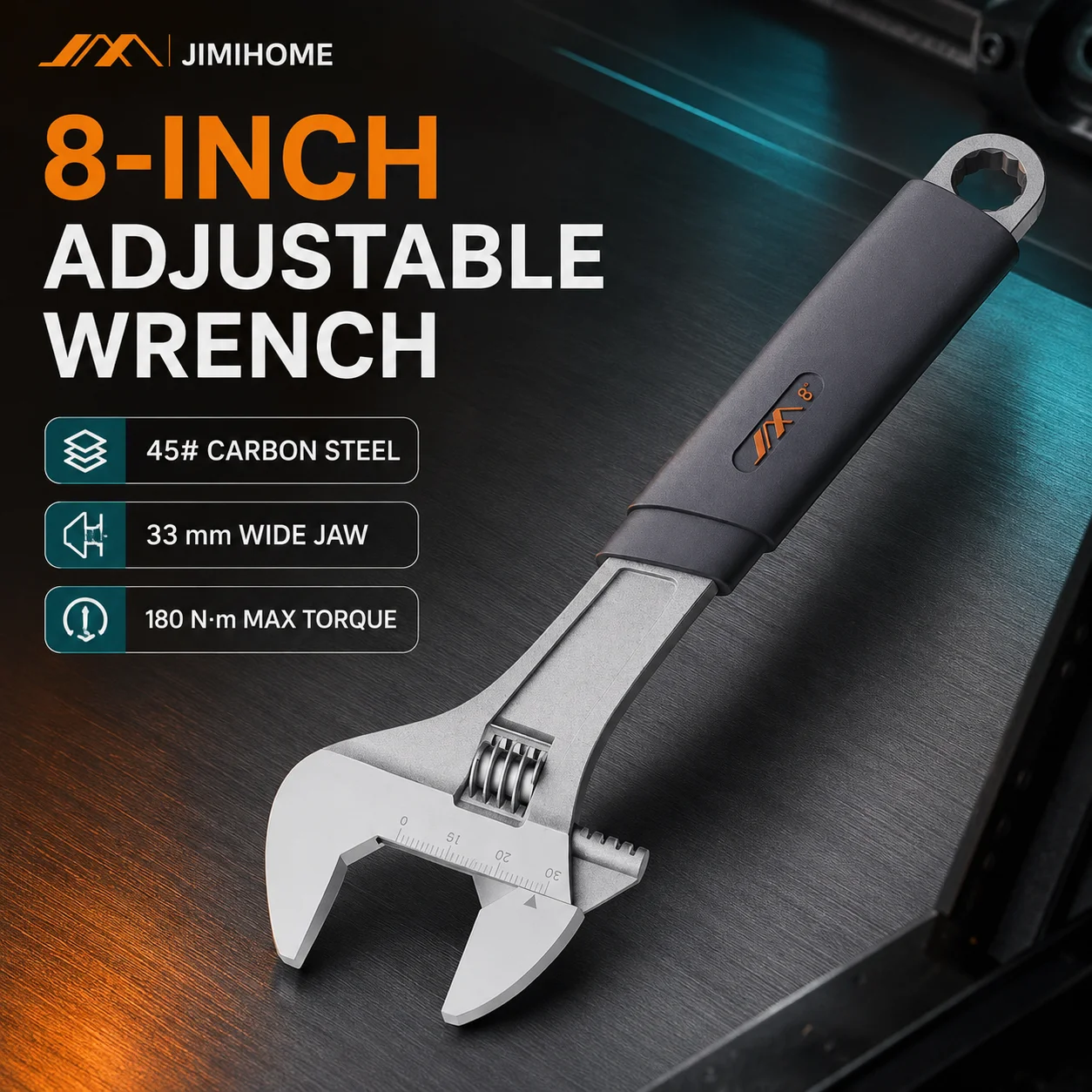 JIMIHOME 8-Inch Adjustable Wrench, 33mm Wide Jaw, Carbon Steel, Ergonomic Handle for Auto, Plumbing & Home Repair
