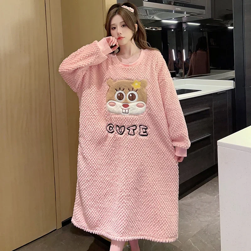 150kg 5XL Thicken Coral Fleece Nightgown Women Large Size Pajamas Autumn Winter Thickened Home Dress Sweet Cartoon Loungewear