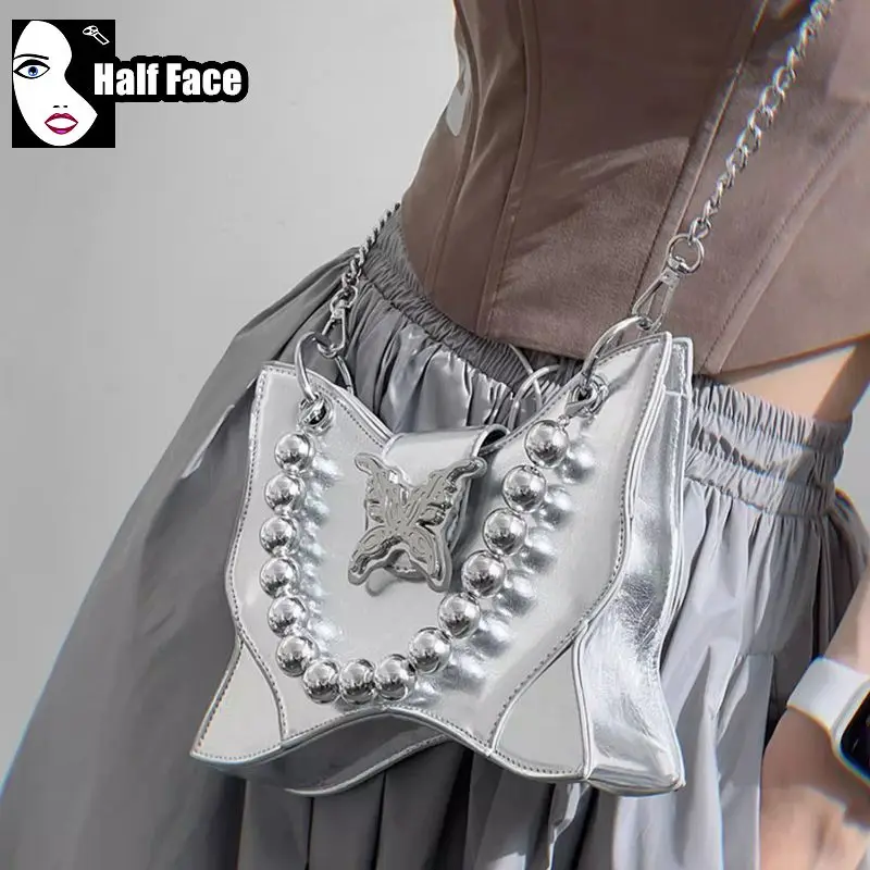 Y2K Girl Harajuku Womens Gothic Slivery Butterfly Versatile Handbag Punk One Shoulder Advanced Design Lolita Crossbody Bags Tote