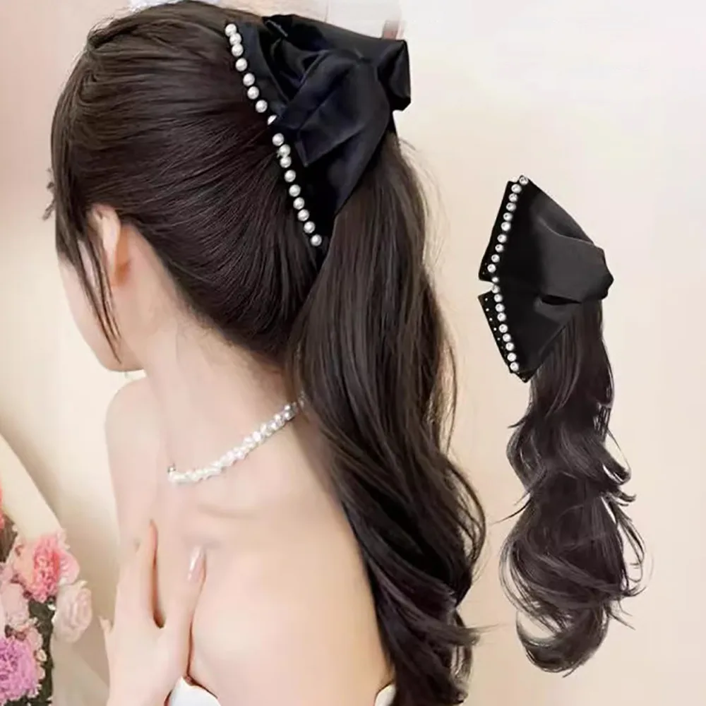 

Synthetic Wig Elegant Women Pearl Black Bow Clip Curly Wig Natural Wavy Fake Ponytail Grabber Extension