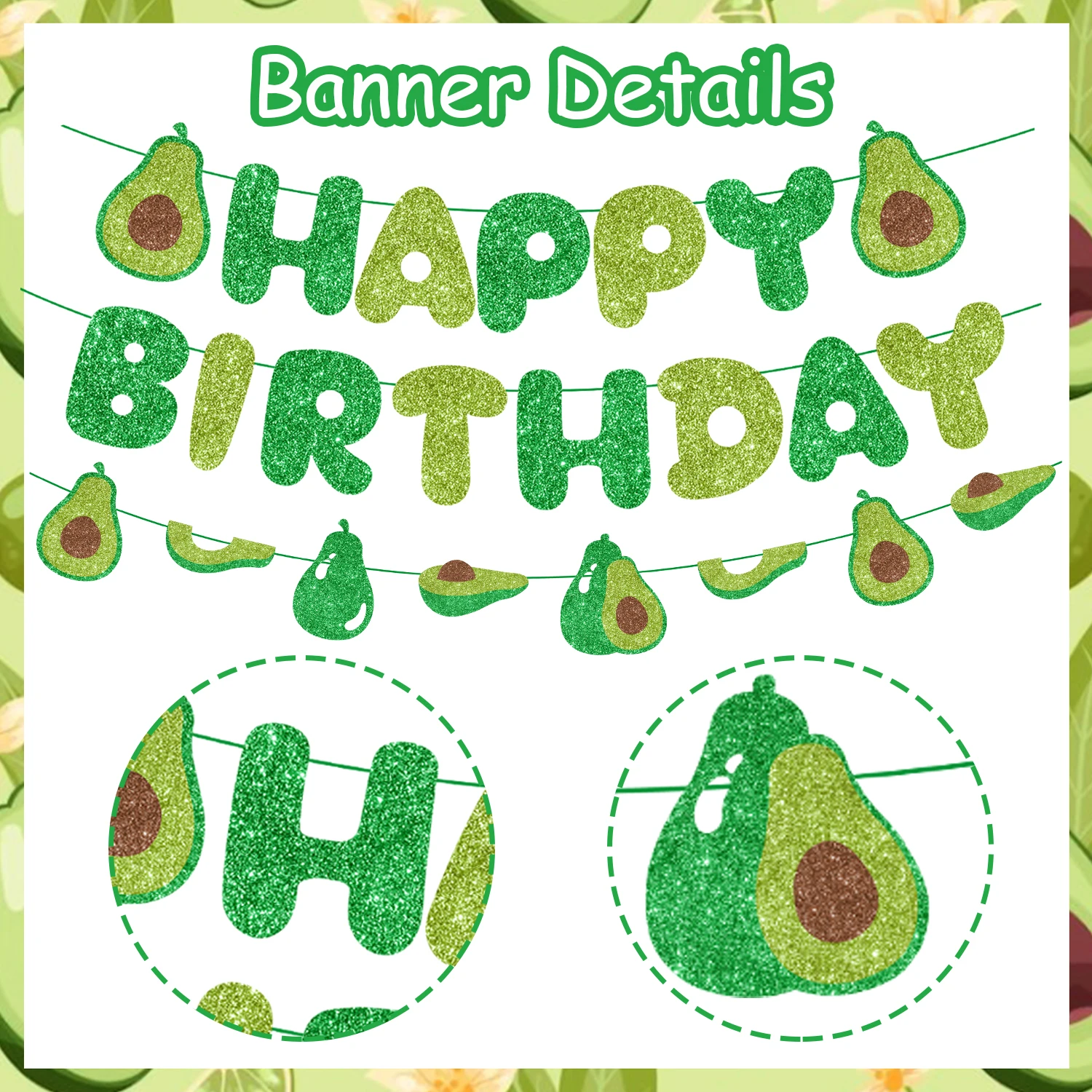 Avocado Themed Birthday Party Decor for Boys and Girls, Glitter Avocado Banner, Cake Topper, Balloons for Fruit Party Supplies