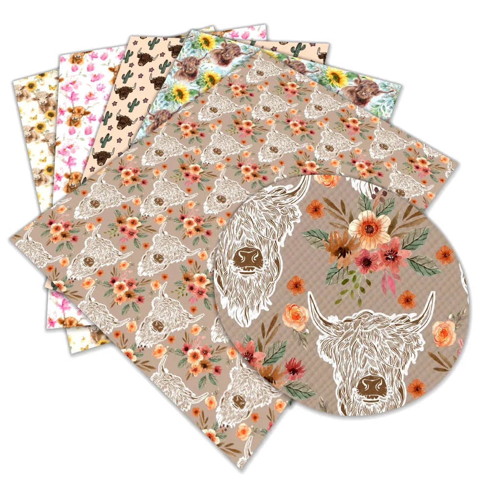 

30*22cm Faux Leather Cartoon Hyland Cows with Flowers Vinyl Cross Grain for DIY Hair Bow Jewelry Earring Craft Making