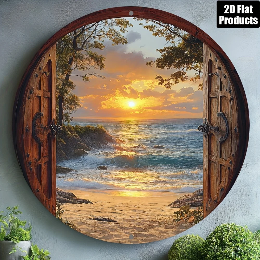 Sunset Beach Metal Sign 8in Round Wall Decor for Bar Cafe Kitchen Home