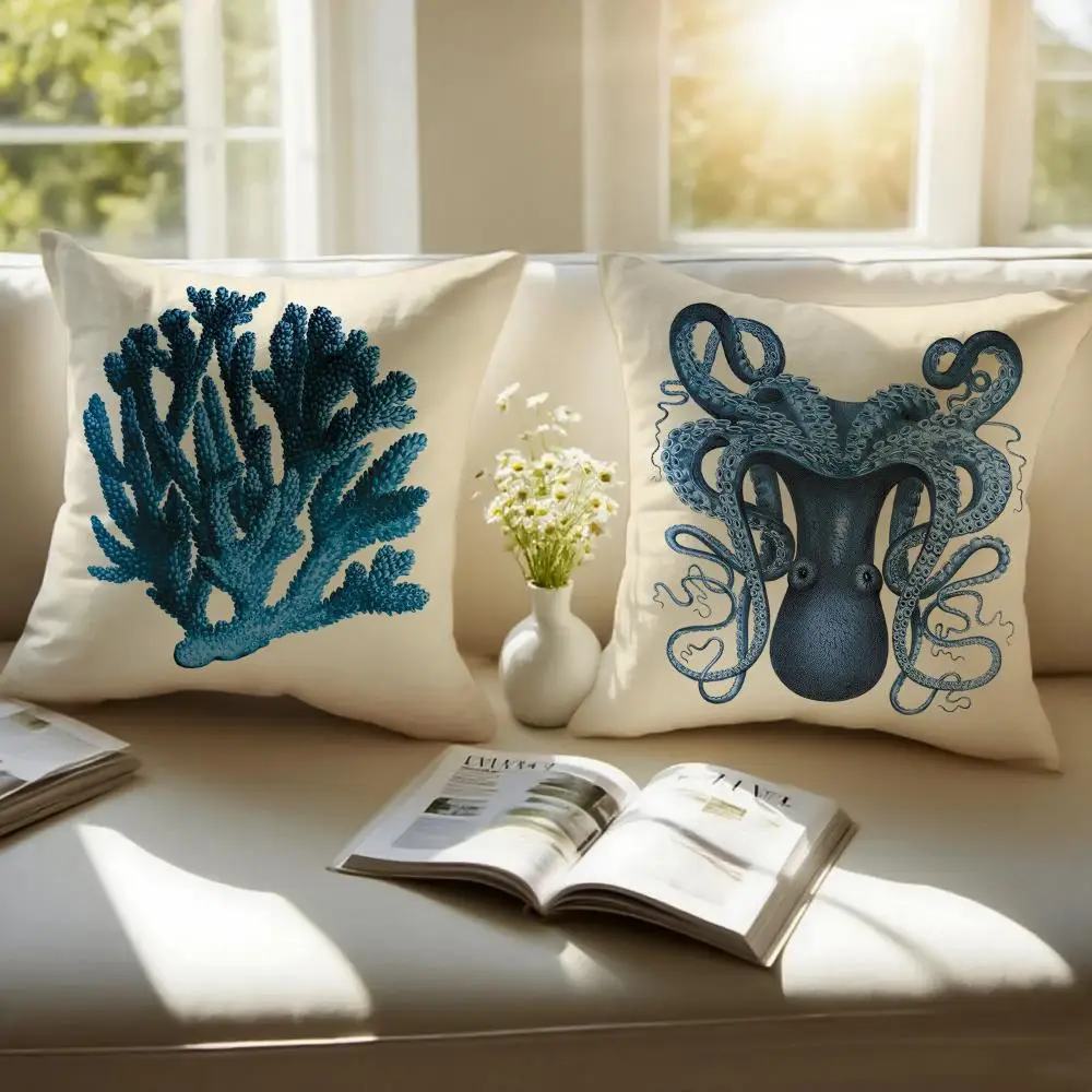Blue Sea Creature Coral Shrimp Cushion Cover Pillowcase Anti-dustmite Invisible Zipper Short Plush Sofa Cushion