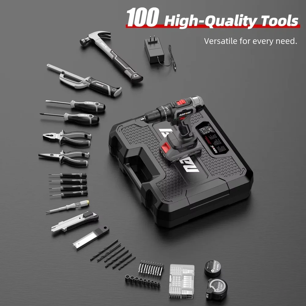 20V Cordless Drill & Hand Tool Box Combo Kit Electric Power Tools Set for Home DIY Repair