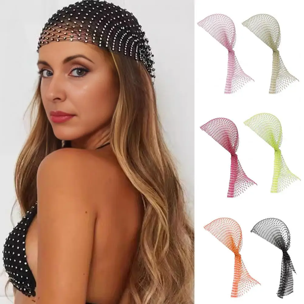 45cm Rhinestone Pirate Hat Elastic Snood Scarf Cap Masquerade Ball Cosplay Events Mesh Hollow Out Headscarf Elegant For Prom