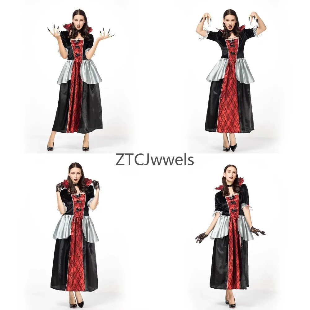 

Victorian Vampire Queen Cosplay Costume Women Gothic Witch Dress with Ruffle Sleeves Stand Collar Halloween Party