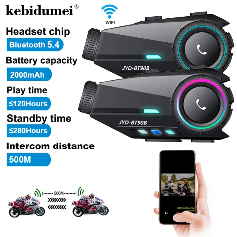 

Motorcycle Helmet Headset Intercom 2000mAh Moto Dash Cam Waterproof BT5.4 Wireless Speaker 500m Interphone For 2 Rider Earphone