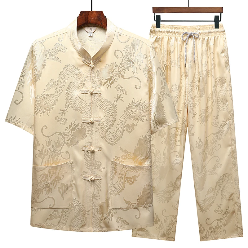 

Summer Thin Casual Embroidered Set Men's Home Morning Exercise Clothes Spring Sle Breathable Loose Fit Traditional Chinese ...