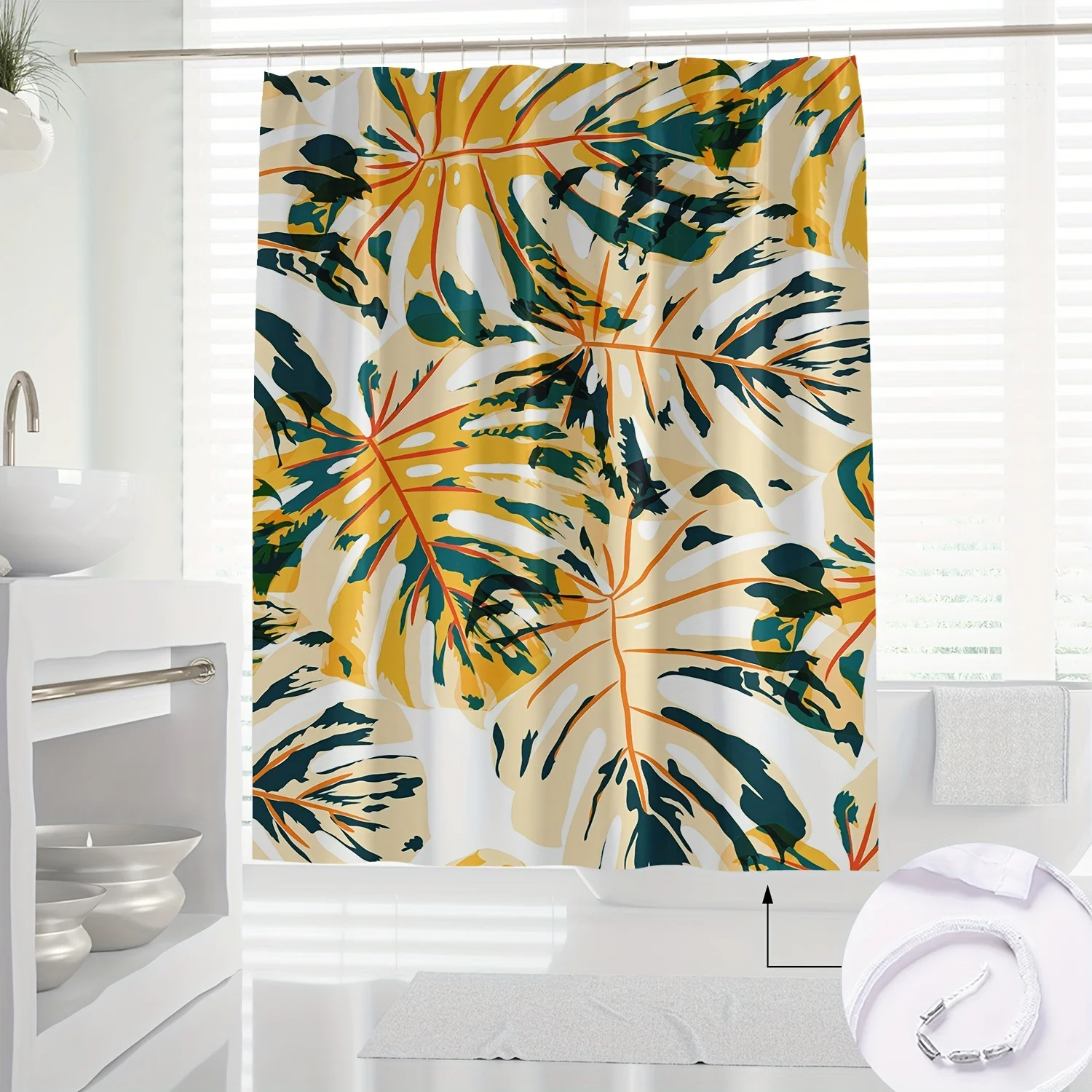 

1 шт. занавеска для душа с принтом тропических листьев — полиэстер, яркий зеленый и желтый дизайн, можно стирать в машине с крючками в комплекте, природа