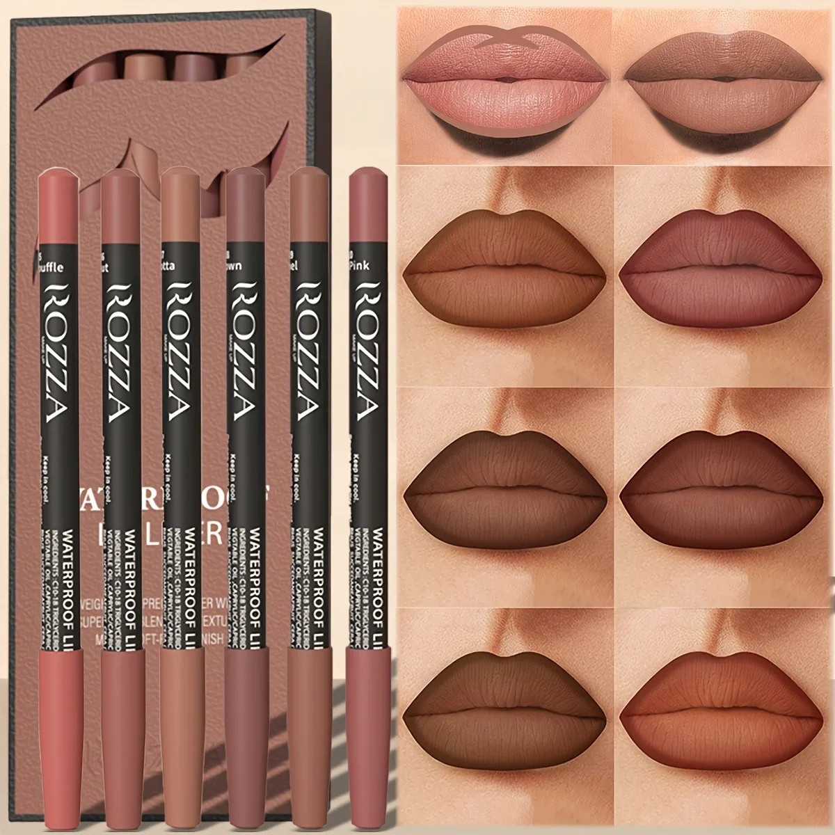 6 ชิ้น Lip Liner ตั้งสีนู้ดกันน้ํา Long-Lasting Matte FINISH, ติดง่าย & Smudge-Proof เหมาะสําหรับทุกสภาพผิว