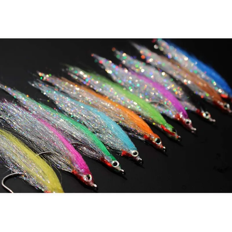 

10 pcs 10 Colors 1/0 4cm High Carbon Hook Holo Silver Salmon Trout Sea Bass Steelhead Minnow Fly Fishing Flies Lure Set
