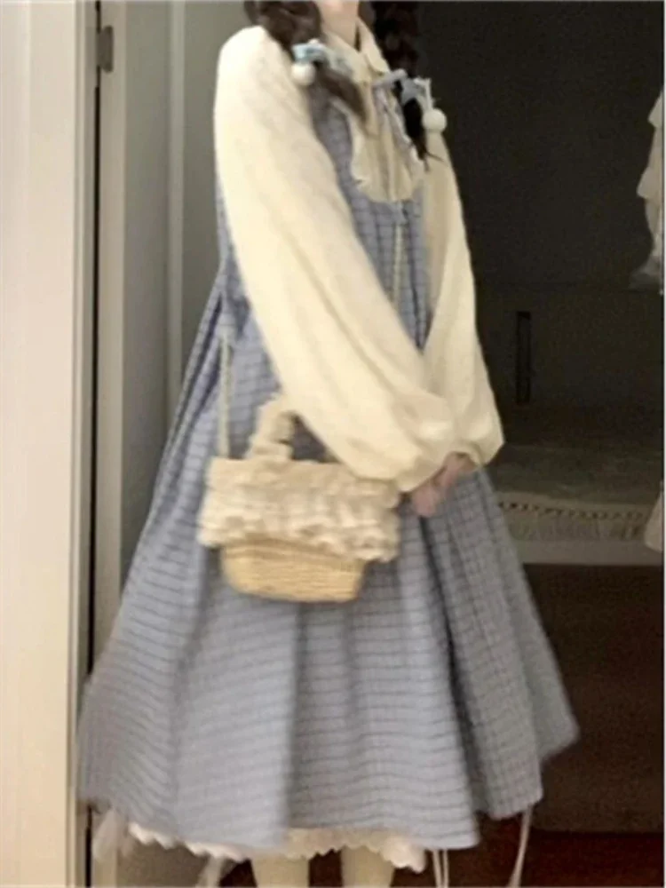 Doux fille japonaise Femme robes décontractées Chic faux deux couleurs contrastées Plaid imprimé Robe Femme Preppy Style doux volants Robe