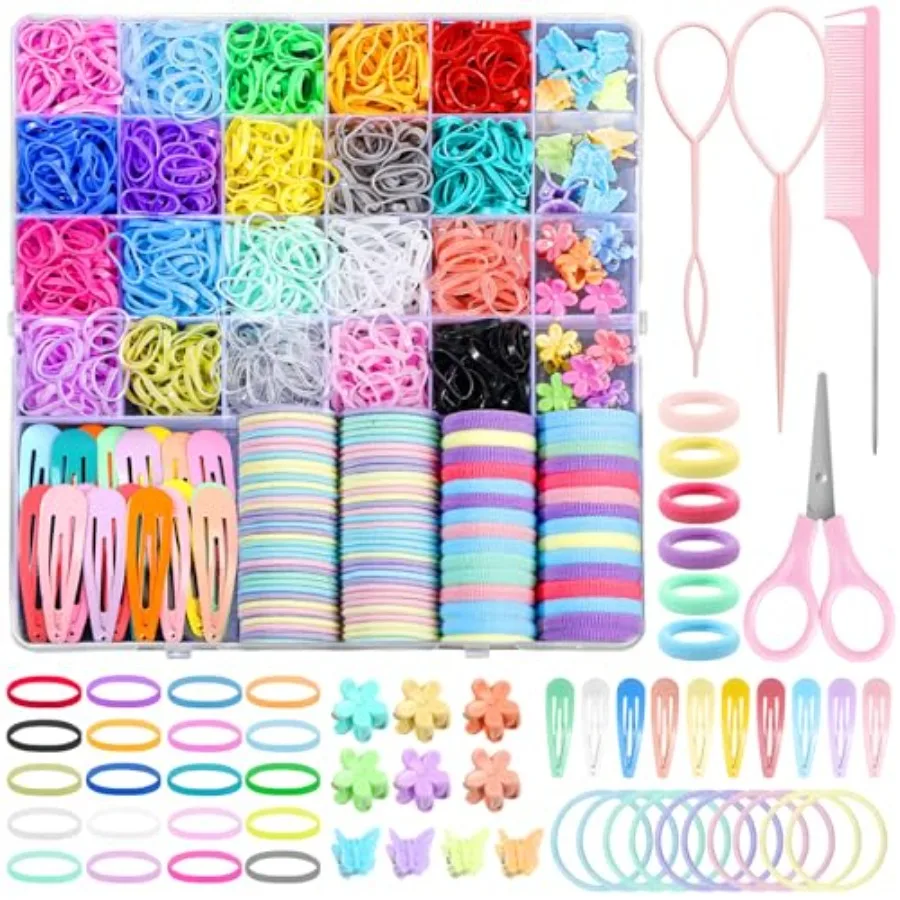 

Hair Accessories for Girl, 1543 Pcs Elastic Hair Rubber Bands Set 20 Colors Elastic Hair Ties with Organizer Box Cotton Baby Ha