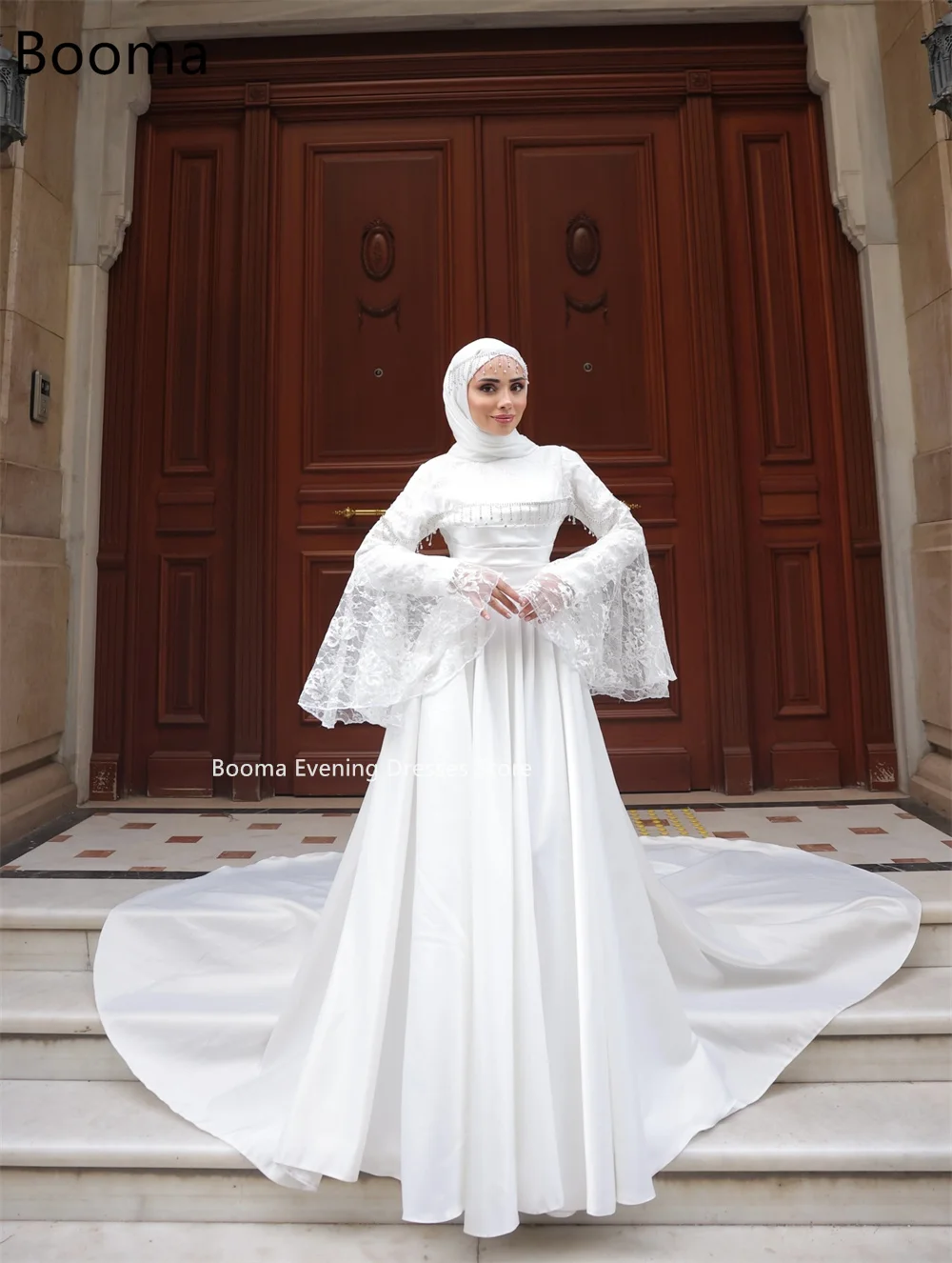 Booma Elegante A-lijn Lange Plooi Kristallen Jurken Formele Feestjurken voor Vrouwen Lange Mouw Eenvoudige Prom Gown Aanpassen