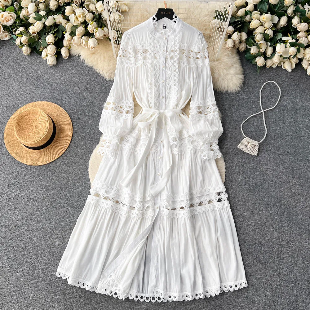 Chic Stand Collar Elegant Slim Hollow Out Lace-up Single Breasted Dress High Street Women Vintage Korean Evening Autumn Clothing