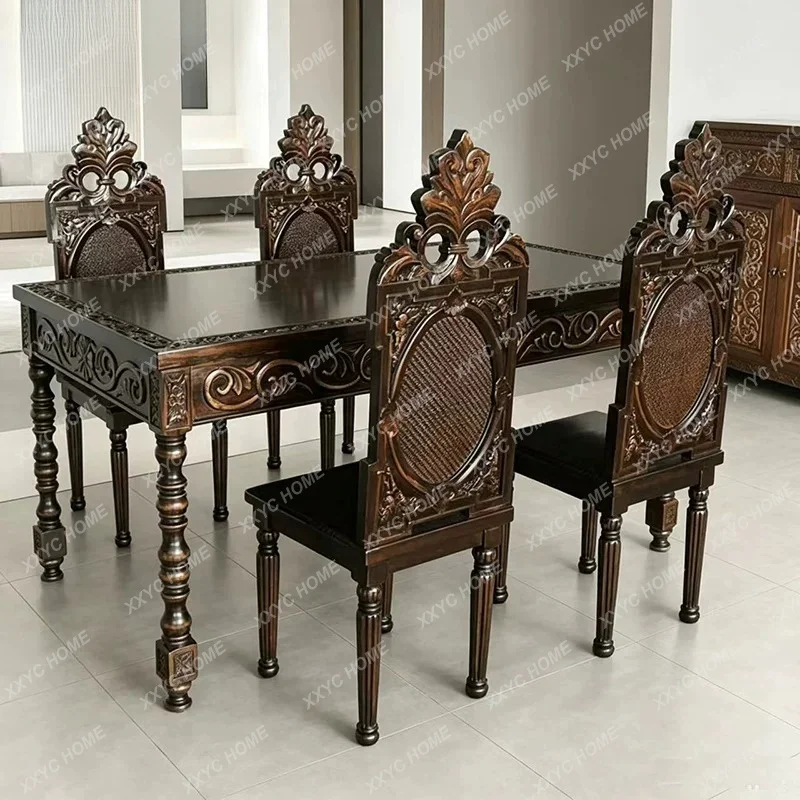 Style Solid wood elm rectangular engraved retro dining table and chairs