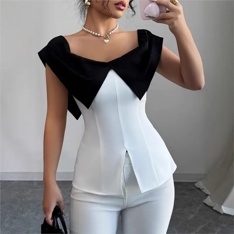 

Office Elegant Black White Color Splic Blouses & Shirts Women 2025 Summer Chic V-neck Sleevless Hem Split Slim Blouse Ladies Top