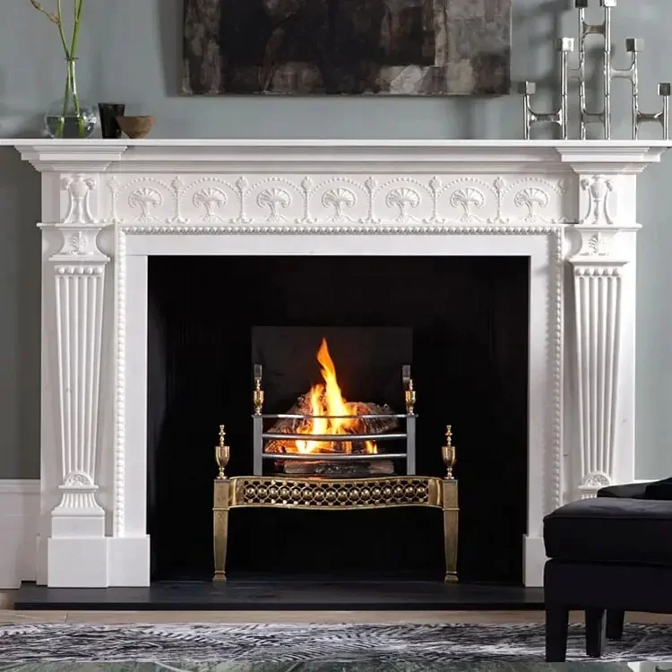 Decorative Hand Carved Modern White Indoor Stone Marble Surround Stone Fireplace Mantels