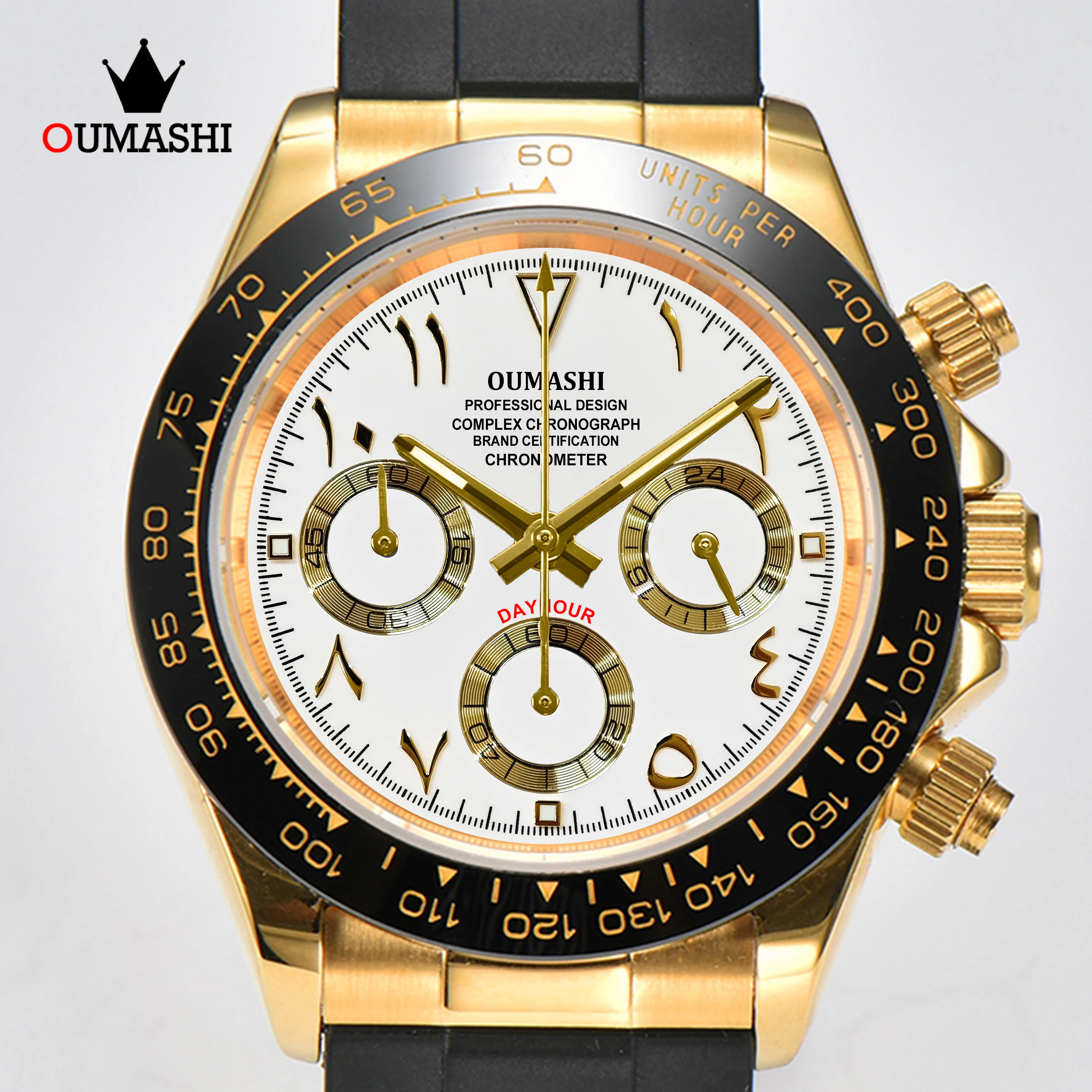 OUMASHI 42mm Gold Arabic Numerals Men’s Chronograph Watch VK63 Quartz Movement C3 Luminous Waterproof Sapphire Glass