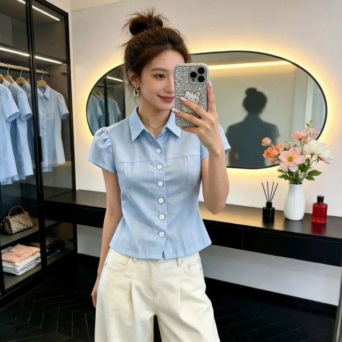 Korean Style Beautiful Pink Neck Short Sleeve Shirt Women's Summer New Fashion Waist Cinching Slimming Commute Top