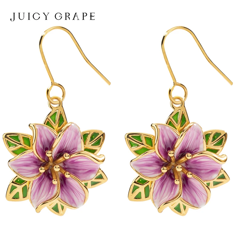 Juciy Grape 3D Stereoscopic Eustoma Flower Set Jewelry Earrings Ear Clip and Necklace 925 Silver Needle Handmade Enamel Jewelry
