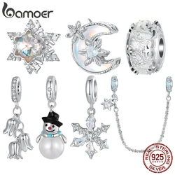 Bamoer Original 925 Sterling Silver Snow Moon Charm Ice Crystal Pendant Pearl Snowman Winter for Women DIY Fine Jewelry Gifts