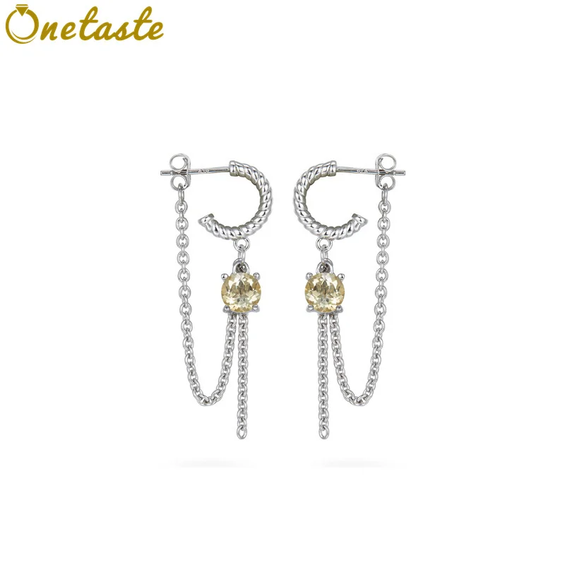 

925 Sterling Silver Birthstone Citrine Chain Tassel Charms Hoop Earrings For Women Fashion Statement Dangle Earrings Party Gift