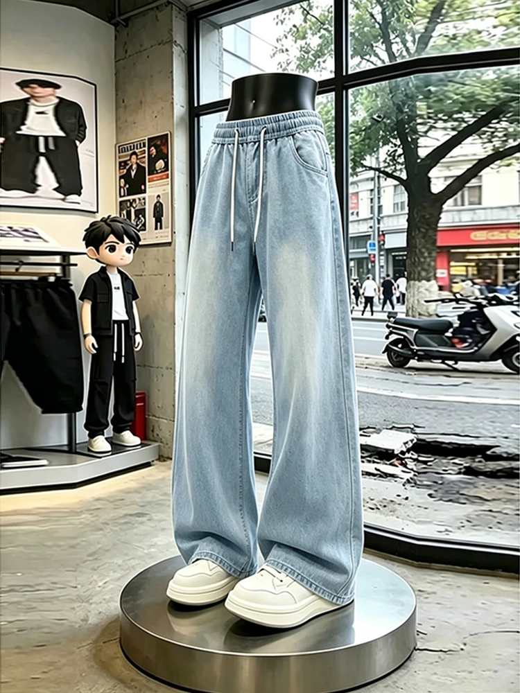 

Light Blue Men's Summer Cool Sensation Ice Silk Straight Leg Denim Jeans Loose Wide Leg Pants Durable Casual Wear