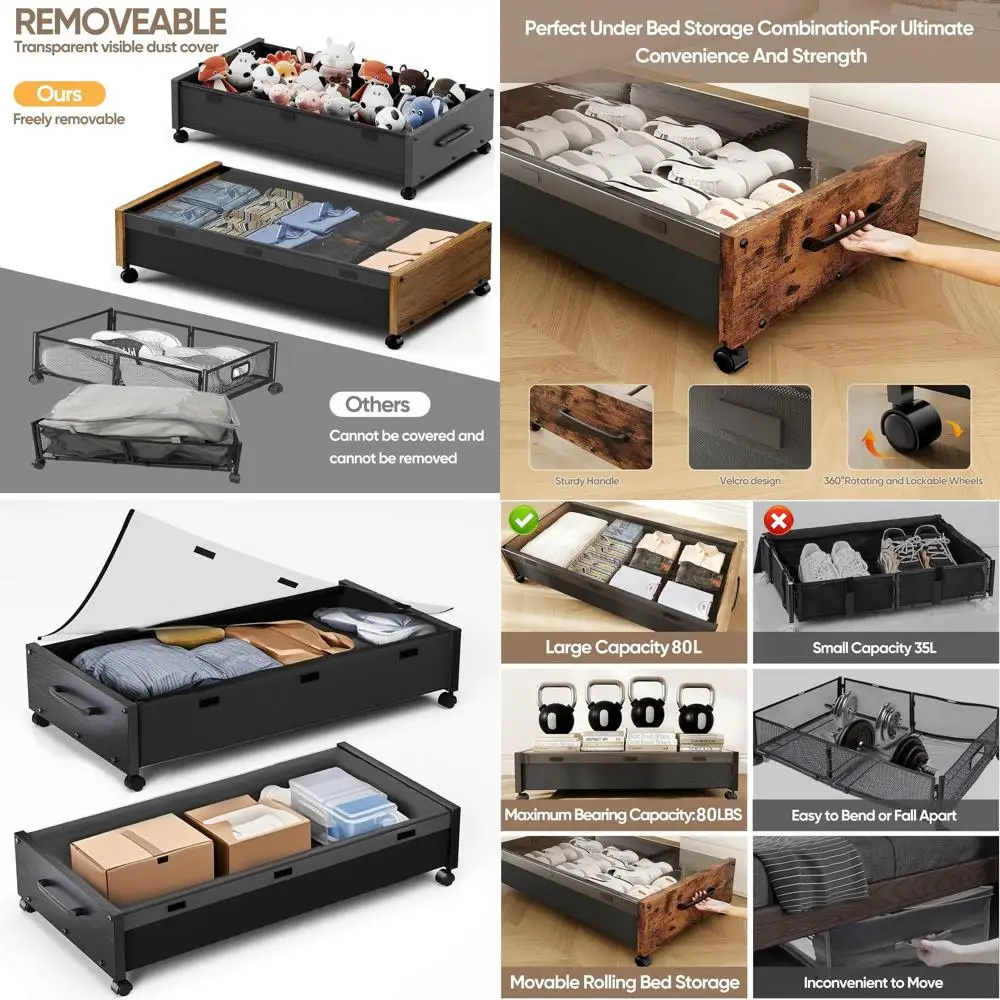 

Rolling Underbed Storage Boxes with Clear Lids, 2-Pack Wooden Containers for Shoes, Clothes, and Toys, 36 Long, Black