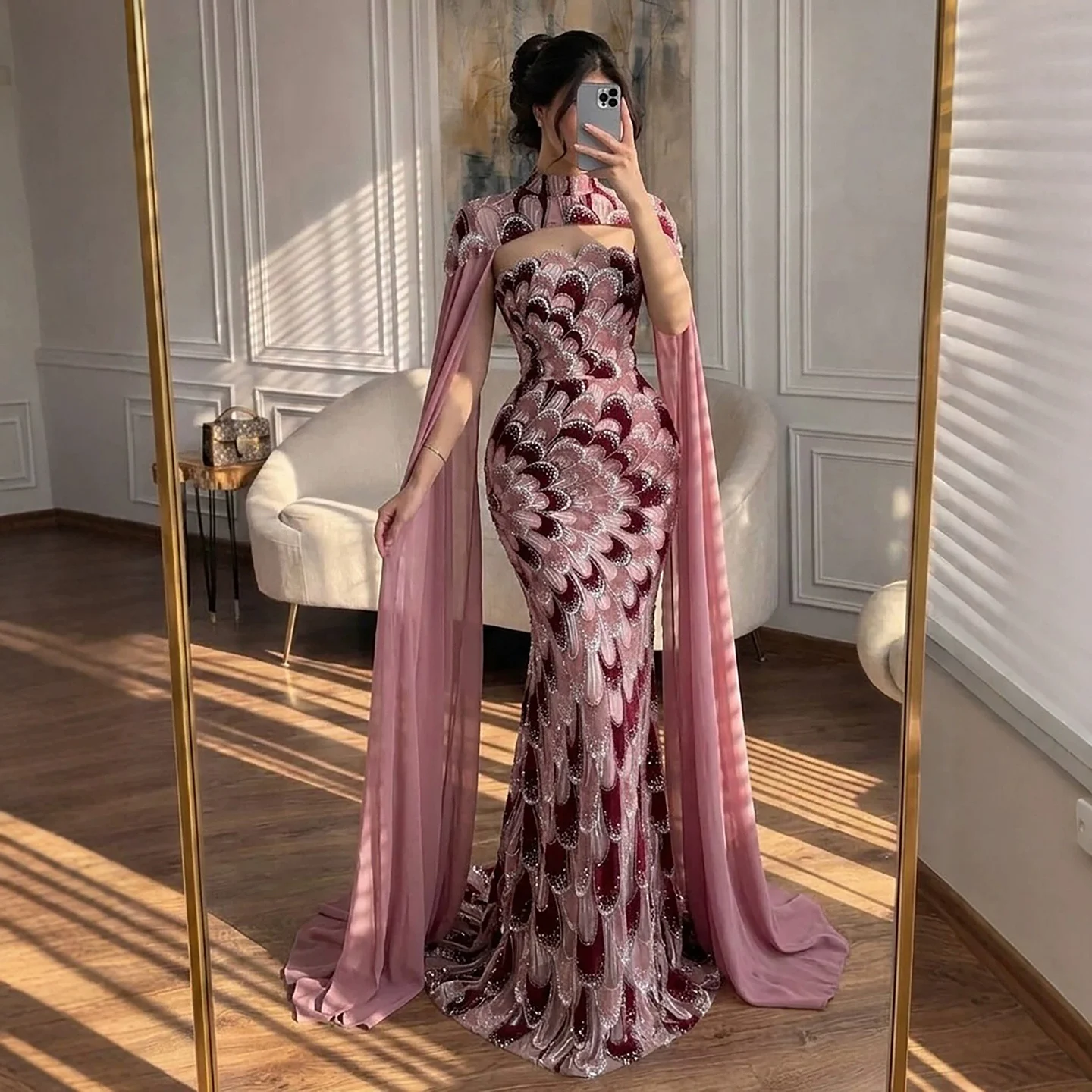 Serene Hill 2026 Luxury Pink Beaded Mermaid Evening Dress High Neck with Cape Sleeves Formal Gowns LA73607A Customized