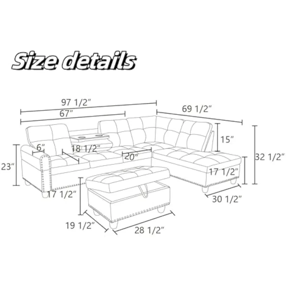 Leather Sectional Couch Sofa Modern L Shaped Sectional Sofa 4 Seat L Couch with Cup Holder